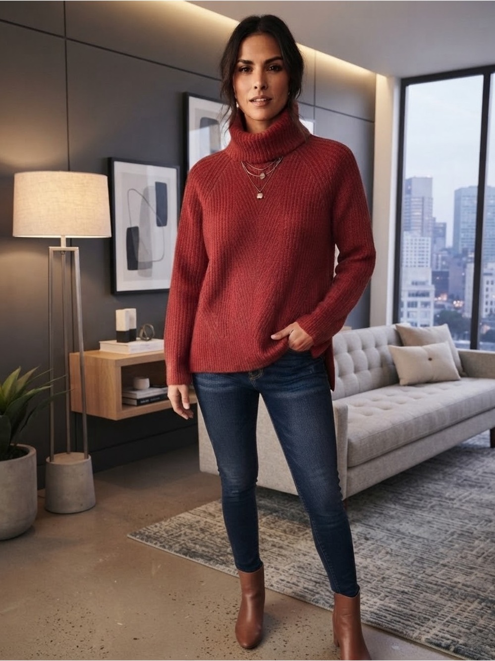 Madewell Turtleneck Rib-Knit Sweater in Rust Red